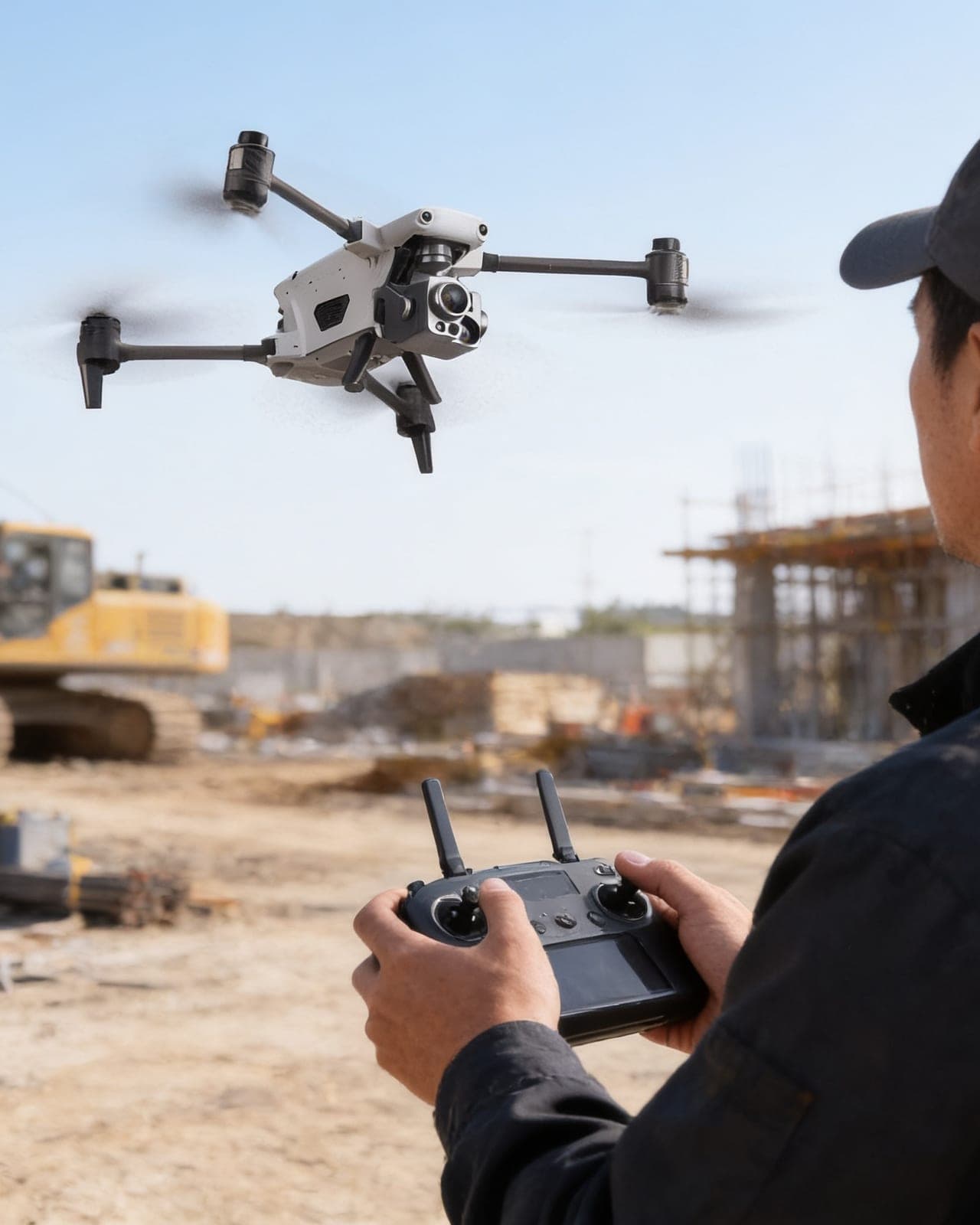 A technician flying a drone on a construction site